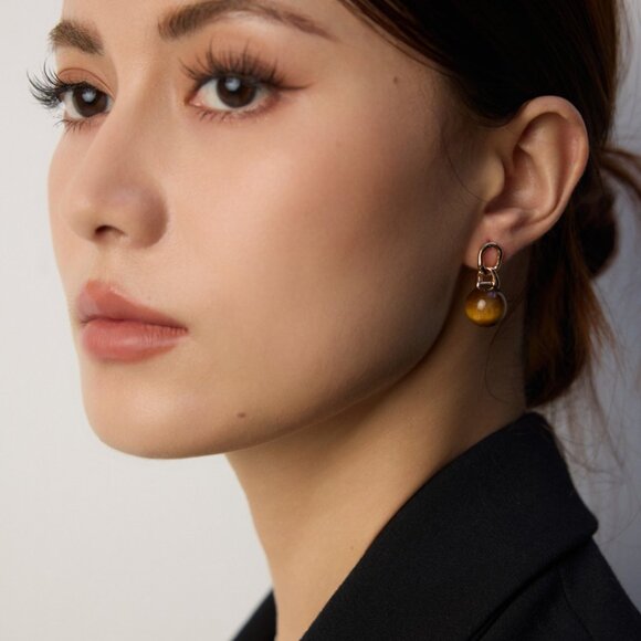 Minimalist Gold & Tiger's Eye Drop Earrings - Picture 8 of 10